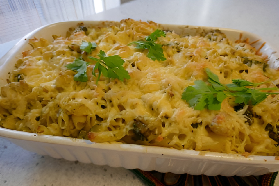 Kleinkindvriendelijke, bomvolle gezonde, ovenschotel met groene pesto.