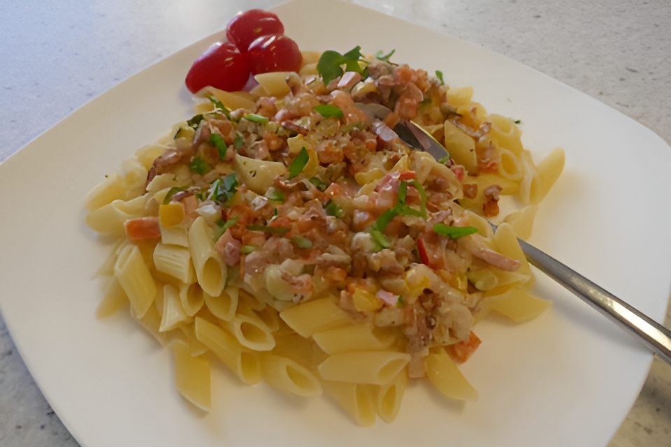 Kleurrijke Pasta Penne met Spekjes en Boursin....