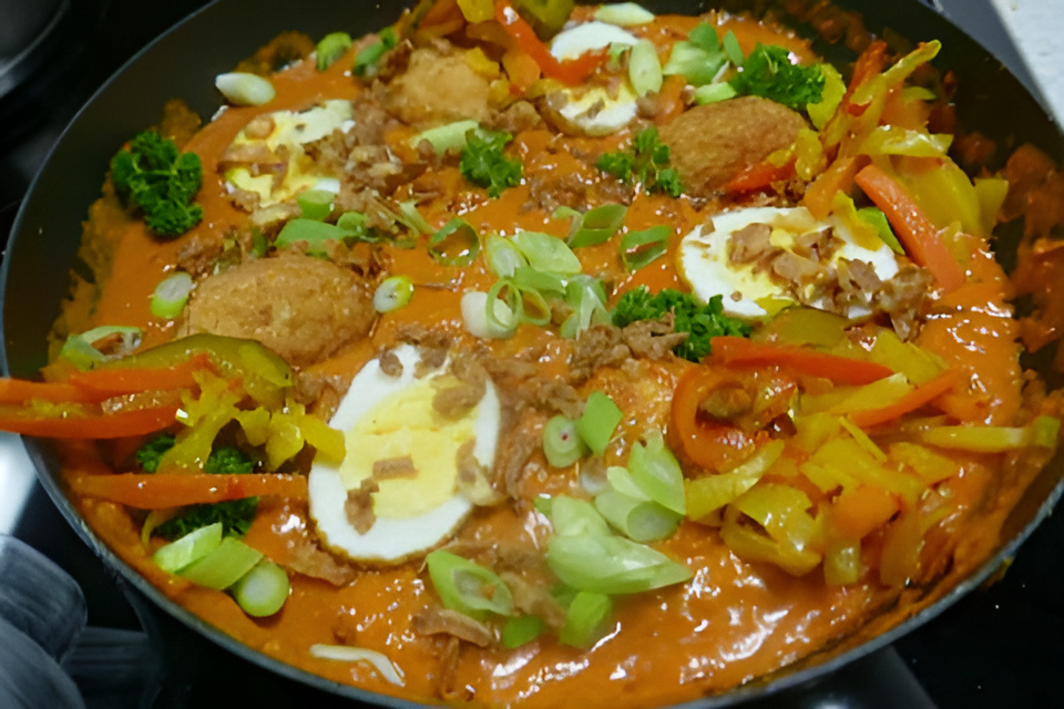 Krokant gebakken Indonesische eieren in pittige tomatensaus....
