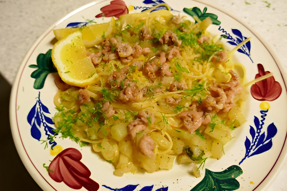 Linguine met venkel en Hollandse garnaaltjes....