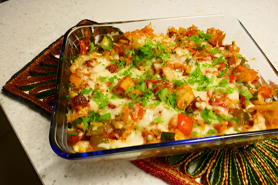 Malse kip ovenschotel met chorizo, kaas, groente en rijst......