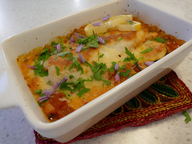 Met pizzakaas gegratineerde kabeljauwhaas…..