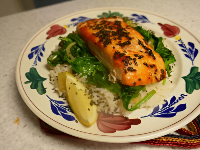 Met Sriracha gemarineerde zalm uit de oven, rijst en wok spinazie.