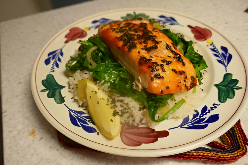 Met Sriracha gemarineerde zalm uit de oven, rijst en wok spinazie.
