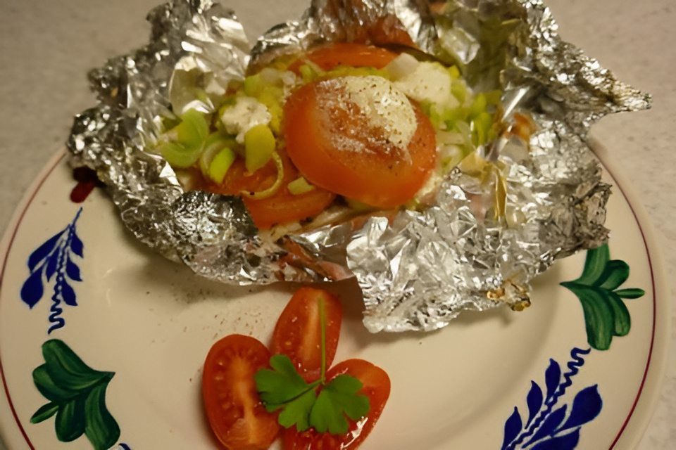 Pakketje Kabeljauw met prei en tomaat uit de oven.