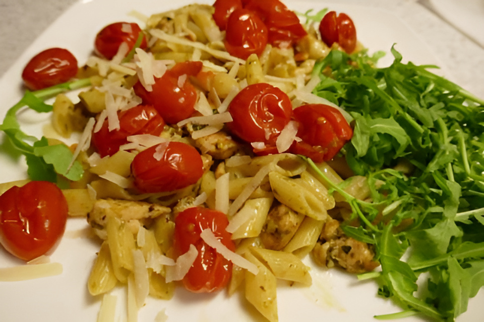 Pasta Pesto met gepofte cherrytomaatjes en kipfilet....P.G.