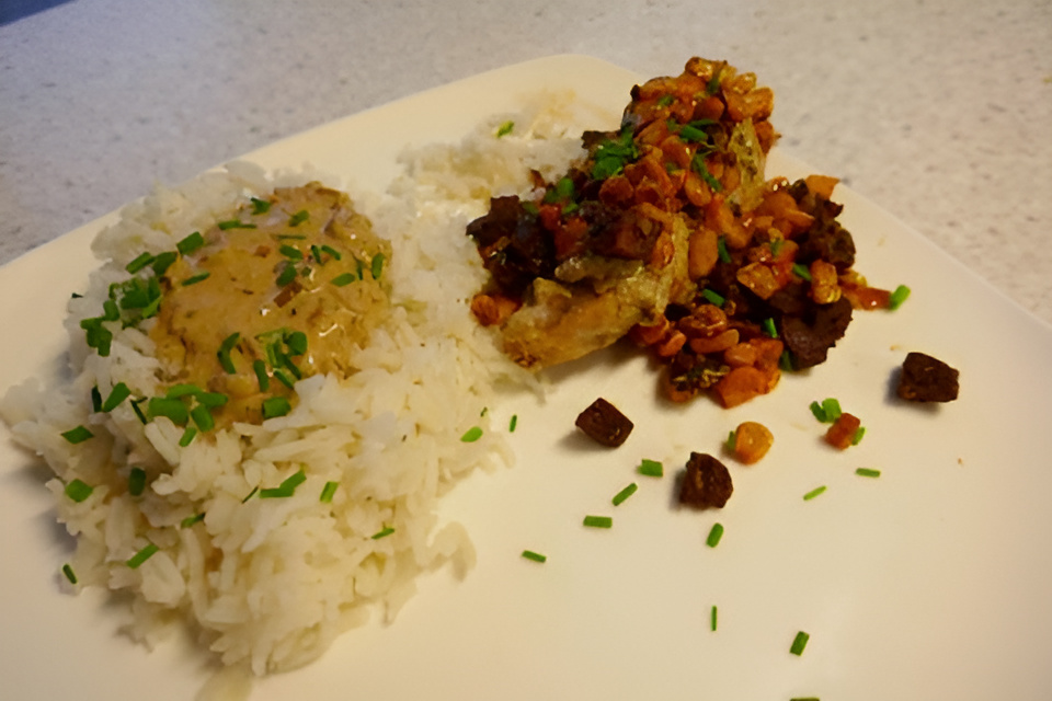 Romige bieslook kip met krokante topping van chorizo en mais