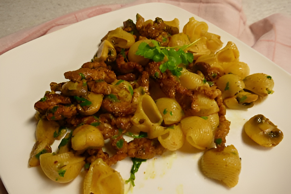 Schelpjespasta met Shoarmareepjes en Champignons....
