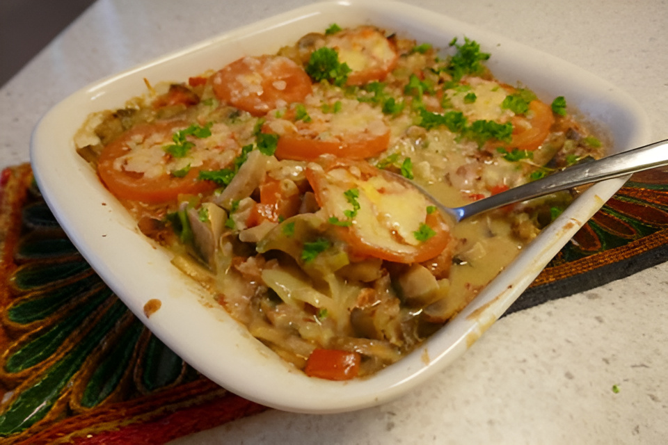 Smeuïge Macaroni ovenschotel met ontbijtspek, groente en kaas.
