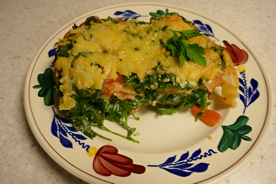 Spinazielasagne met gerookte zalm, tomaat, ricotta en kaas. P.G
