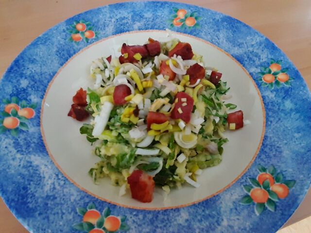 Stamppot rucola en prei met spekjes