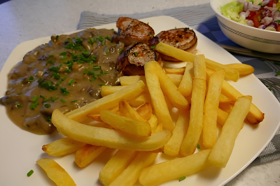 Varkenshaas medaillons met katenspek en paddenstoelenragout.....