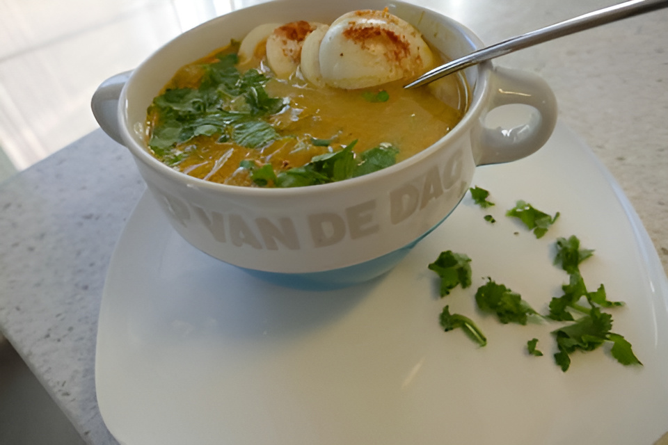Vegetarische maaltijd kerriesoep met rijst en een eitje....