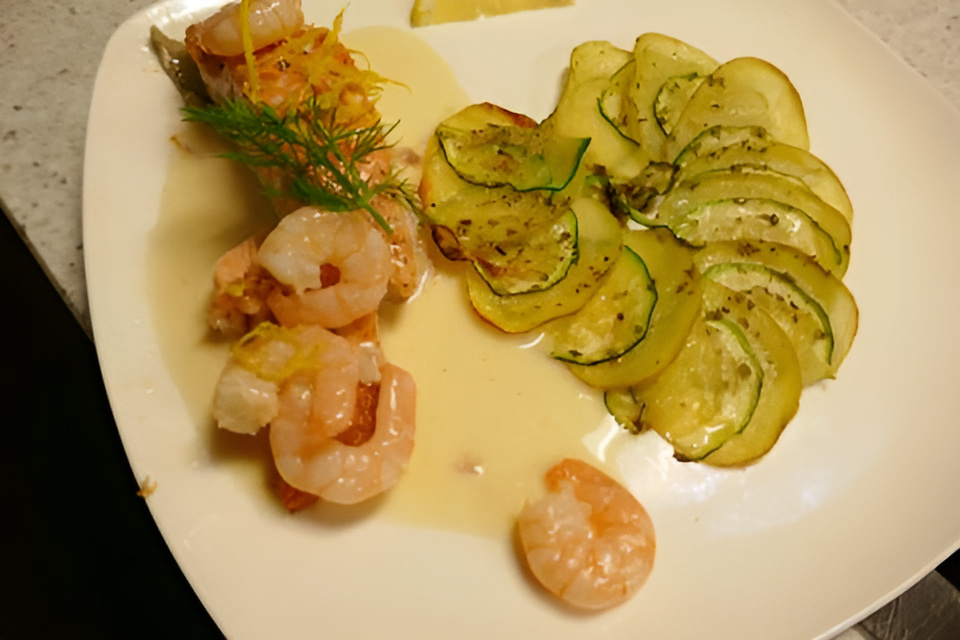 Zalm en garnalen in wittewijnsaus met een aardappel-courgette-roosje.