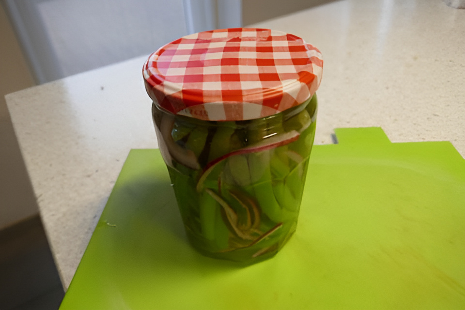 Zoetzuur van sperzieboontjes en rode ui....